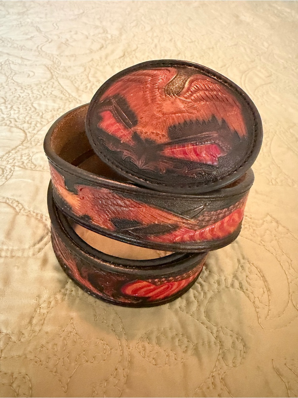 VTG Tony Lama Tooled Leather Western Patriotic Belt Hand Painted Eagle Buckle 40